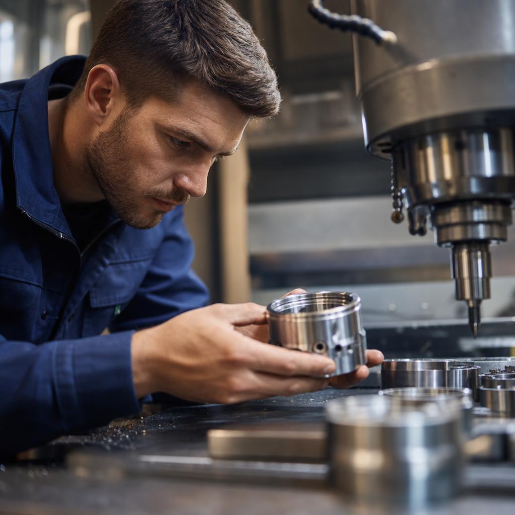 CNC operator checking precision metal parts