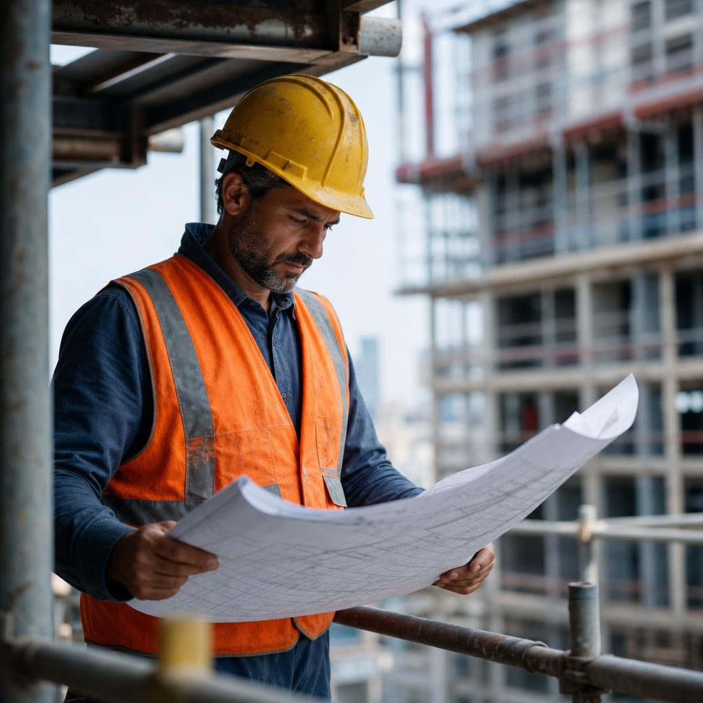 Construction worker reviewing blueprints on site